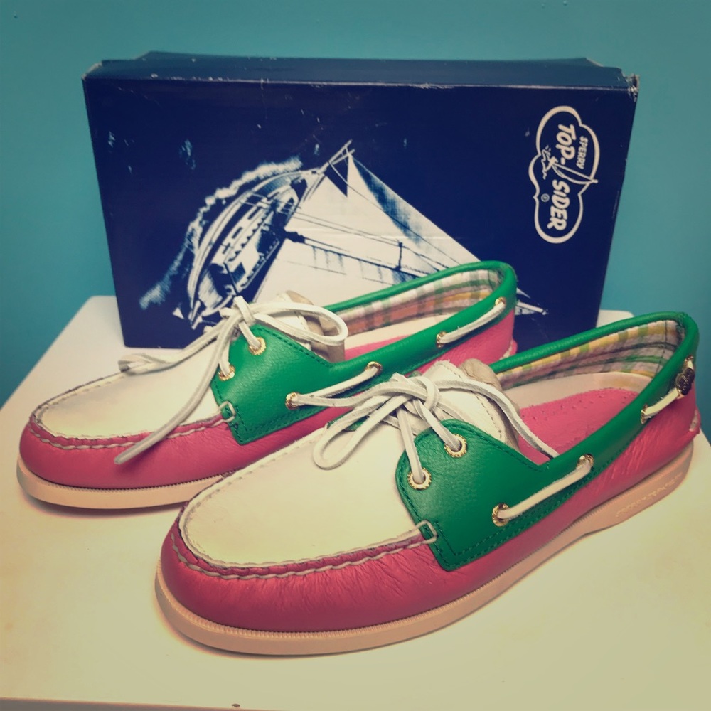 Pink/green/white leather Top Sider Sperry - NWT